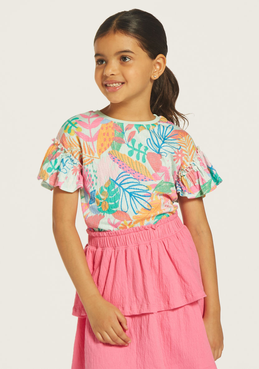 Juniors All-Over Print Crew Neck T-shirt with Ruffled Sleeves-T Shirts-image-0
