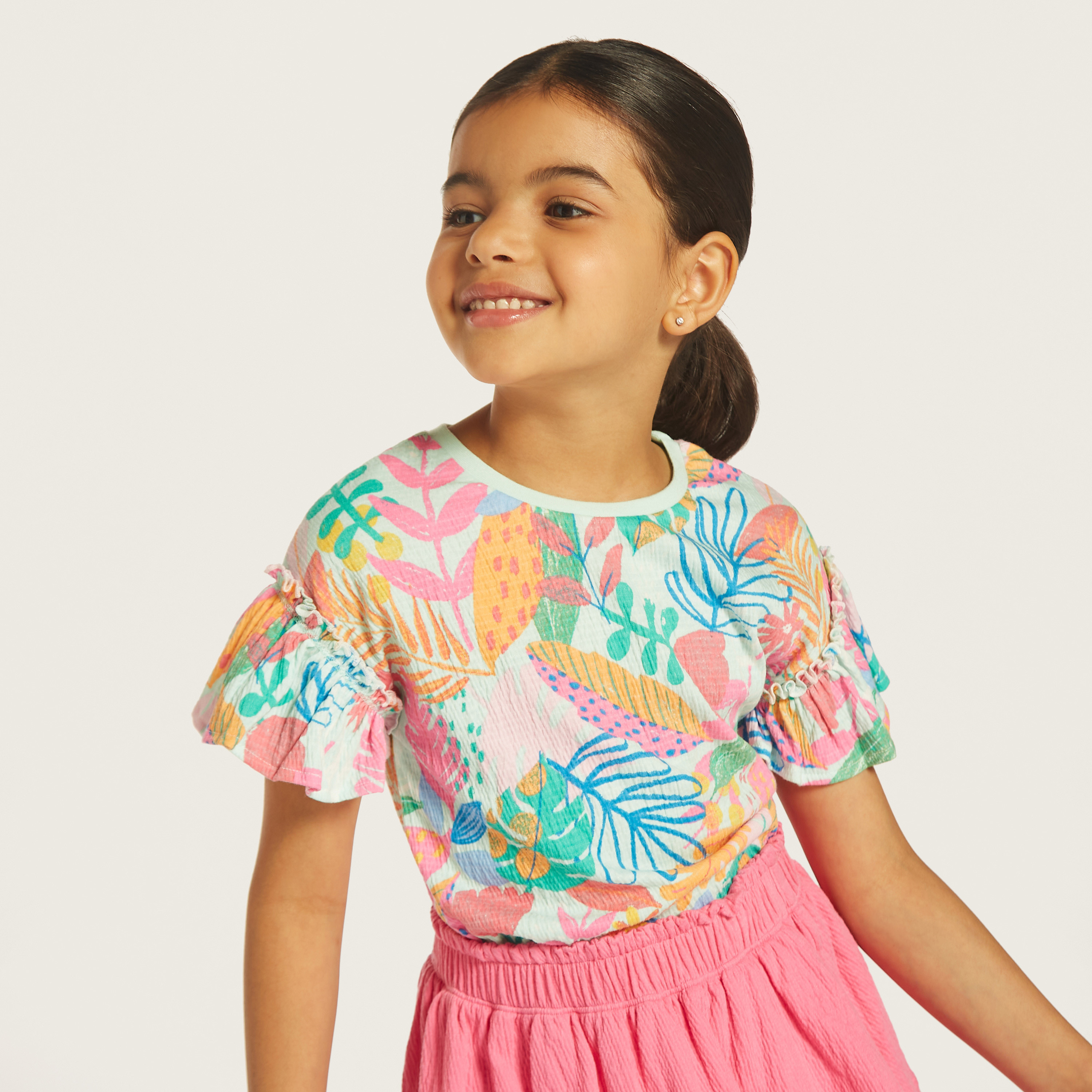 Juniors All-Over Print Crew Neck T-shirt with Ruffled Sleeves-girls-clothing-tshirts-image-3