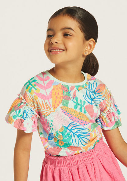 Juniors All-Over Print Crew Neck T-shirt with Ruffled Sleeves-T Shirts-image-2
