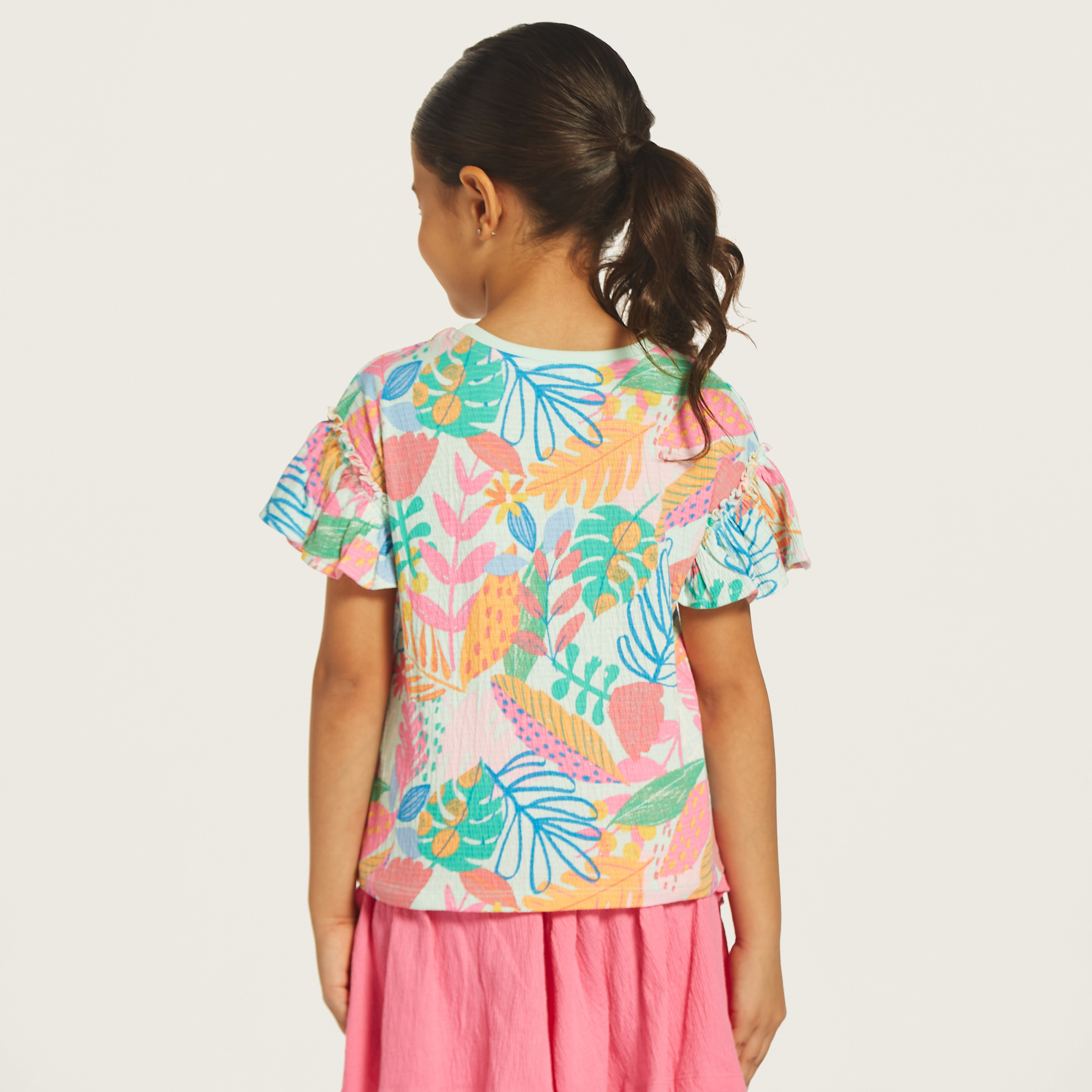Juniors All-Over Print Crew Neck T-shirt with Ruffled Sleeves-girls-clothing-tshirts-image-4