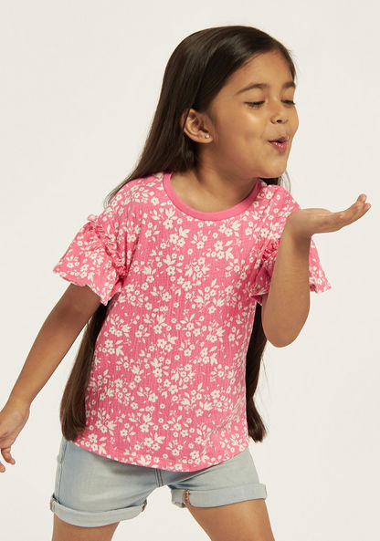 Juniors All-Over Floral Print T-shirt with Ruffles-T Shirts-image-0