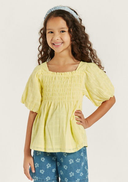 Juniors Shirred Detail Top with Balloon Sleeves-Blouses-image-0