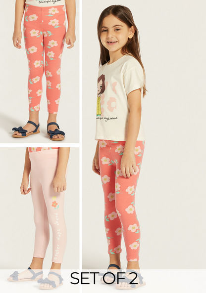 Juniors Floral Print Leggings with Elasticated Waistband - Set of 2-Leggings-image-0