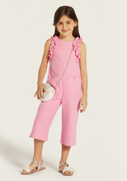 Juniors Textured Sleeveless Playsuit with Ruffle Detail and Button Closure-Rompers%2C Dungarees and Jumpsuits-image-0