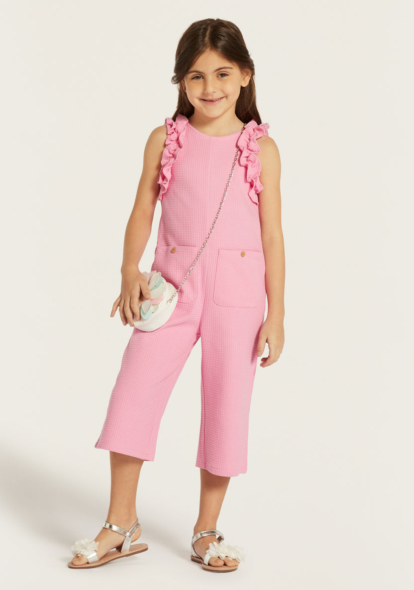 Juniors Textured Sleeveless Playsuit with Ruffle Detail and Button Closure-Rompers, Dungarees & Jumpsuits-image-0