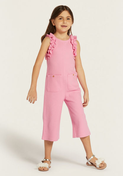 Juniors Textured Sleeveless Playsuit with Ruffle Detail and Button Closure-Rompers%2C Dungarees and Jumpsuits-image-1