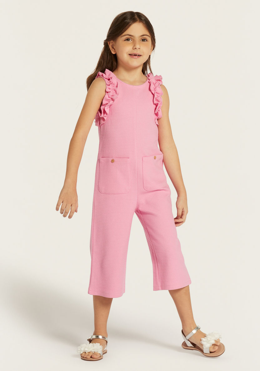 Juniors Textured Sleeveless Playsuit with Ruffle Detail and Button Closure-Rompers, Dungarees & Jumpsuits-image-1