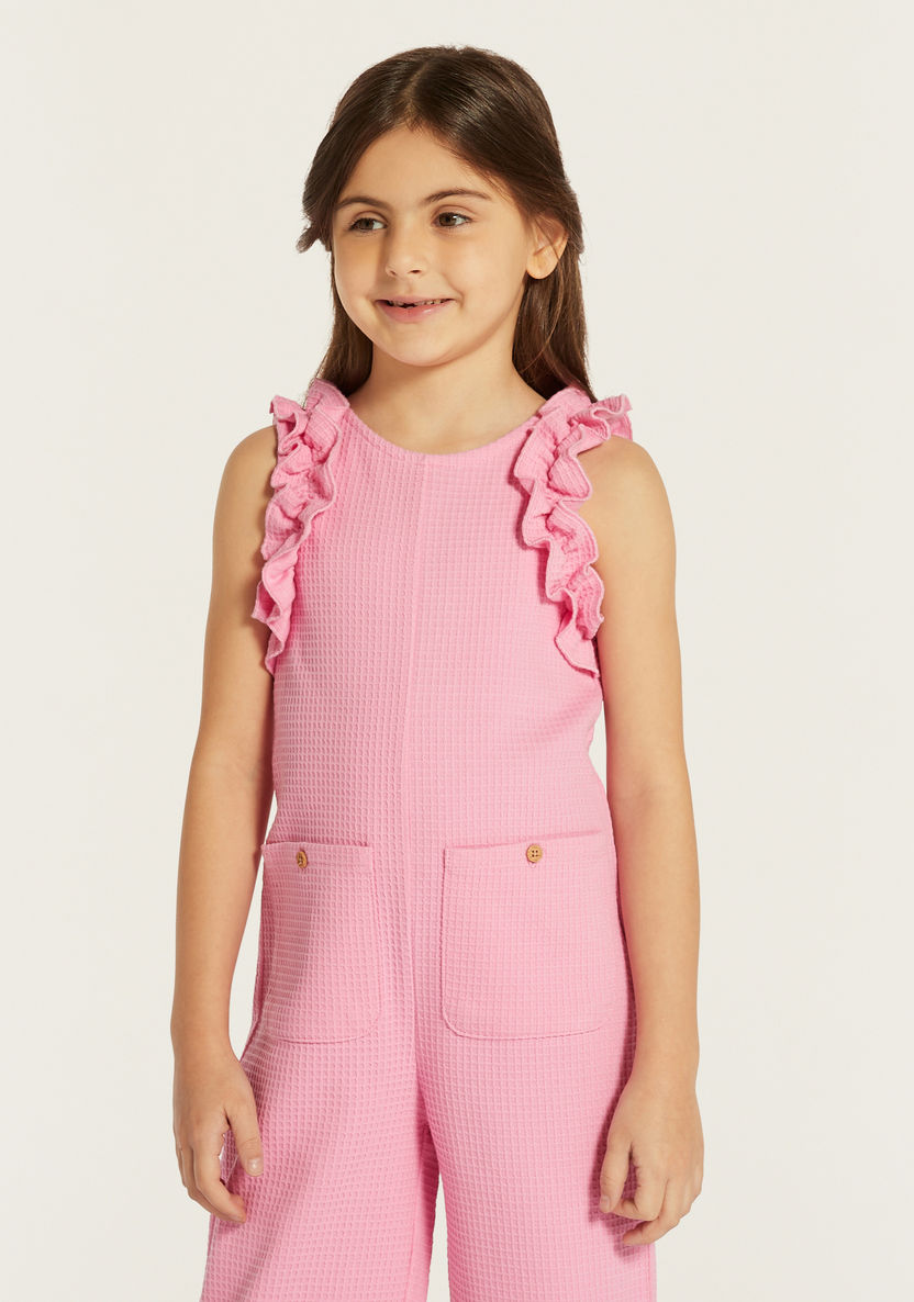 Juniors Textured Sleeveless Playsuit with Ruffle Detail and Button Closure-Rompers, Dungarees & Jumpsuits-image-2