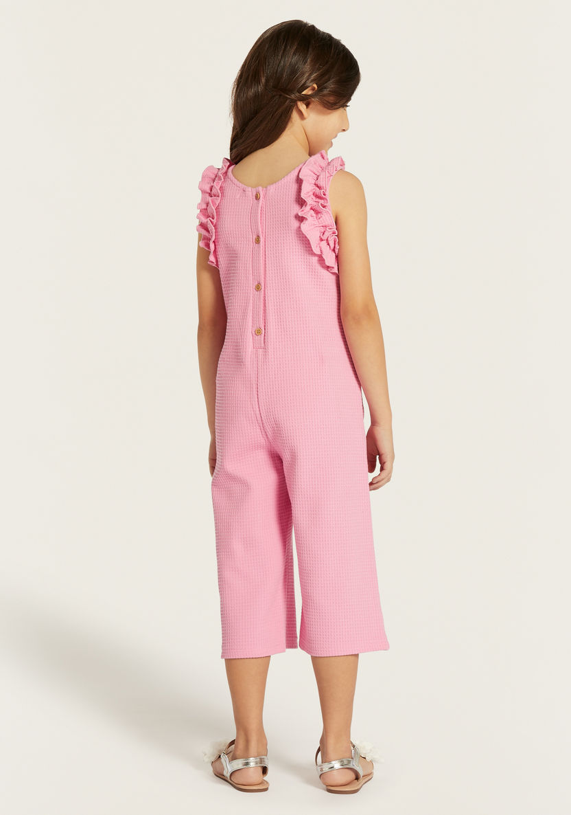 Juniors Textured Sleeveless Playsuit with Ruffle Detail and Button Closure-Rompers, Dungarees & Jumpsuits-image-3