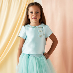 Juniors Butterfly Accent Top with Peter Pan Collar and Zip Closure