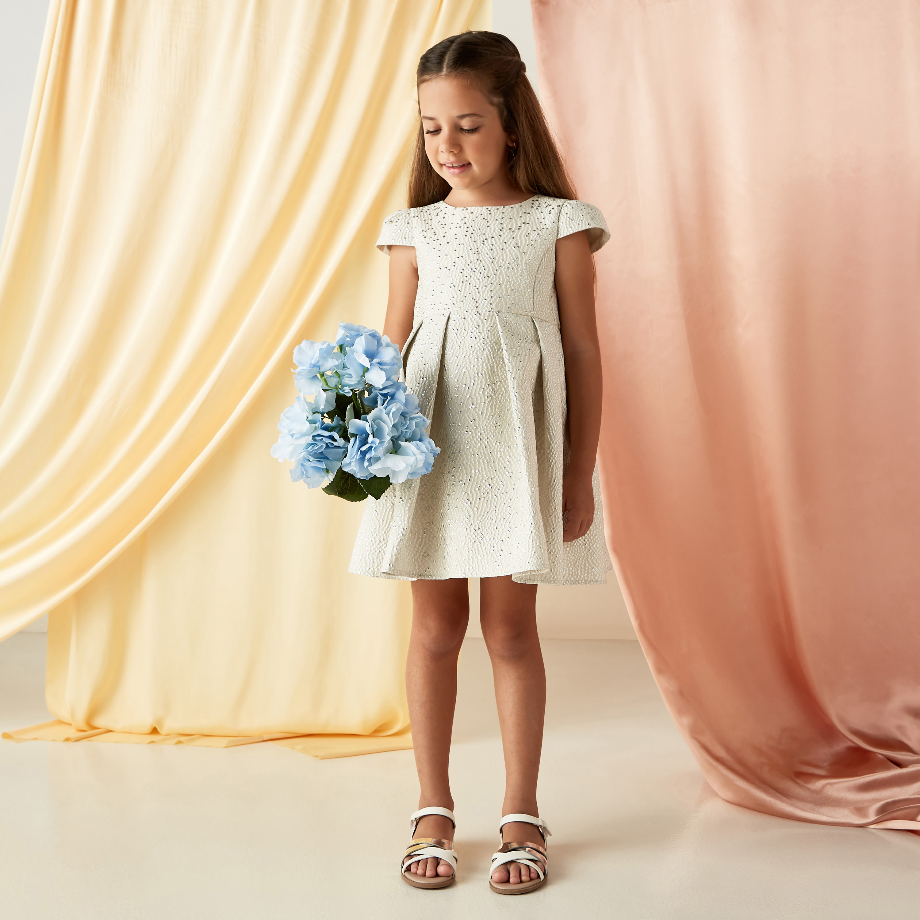 Buy Juniors Textured Dress with Pleats and Cap Sleeves Online Mothercare Bahrain