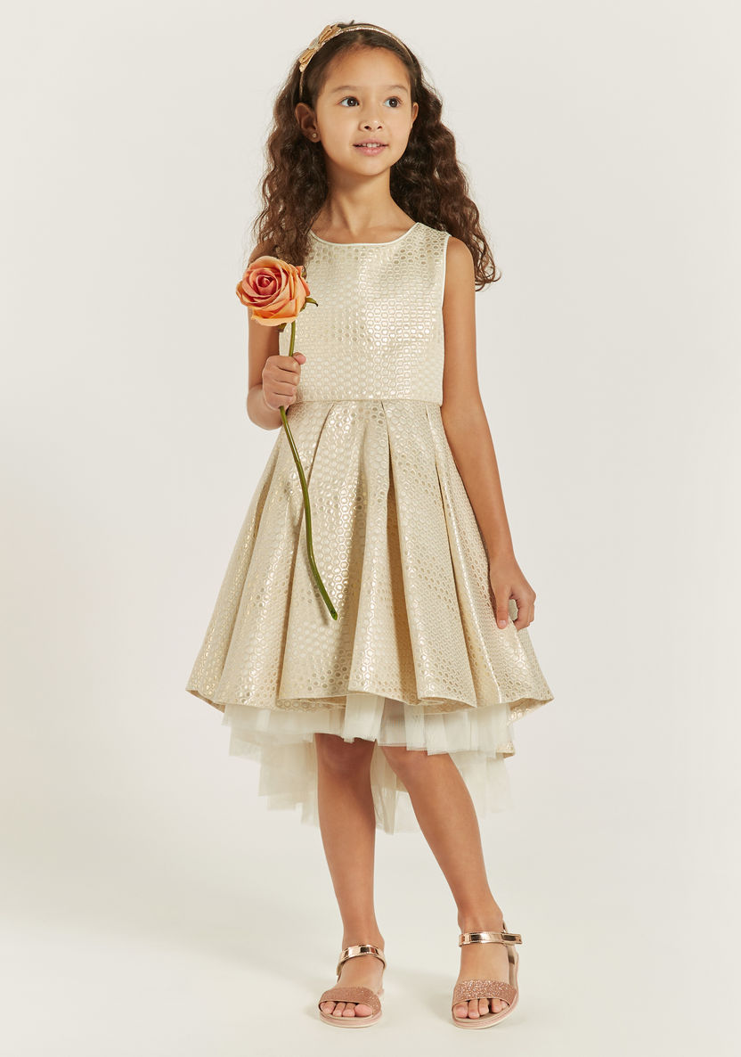 Juniors Textured Sleeveless Dress with High-Low Hem and Bow Applique-Dresses%2C Gowns and Frocks-image-0