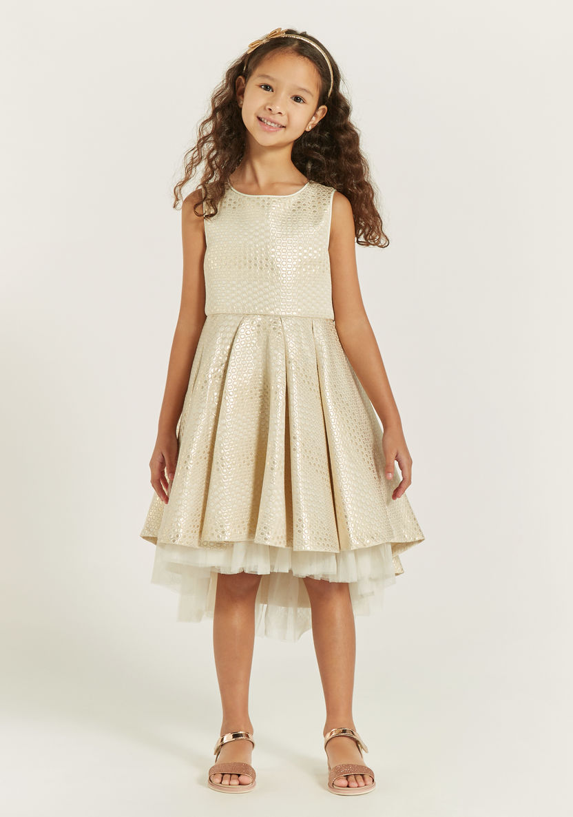 Juniors Textured Sleeveless Dress with High-Low Hem and Bow Applique-Dresses%2C Gowns and Frocks-image-1
