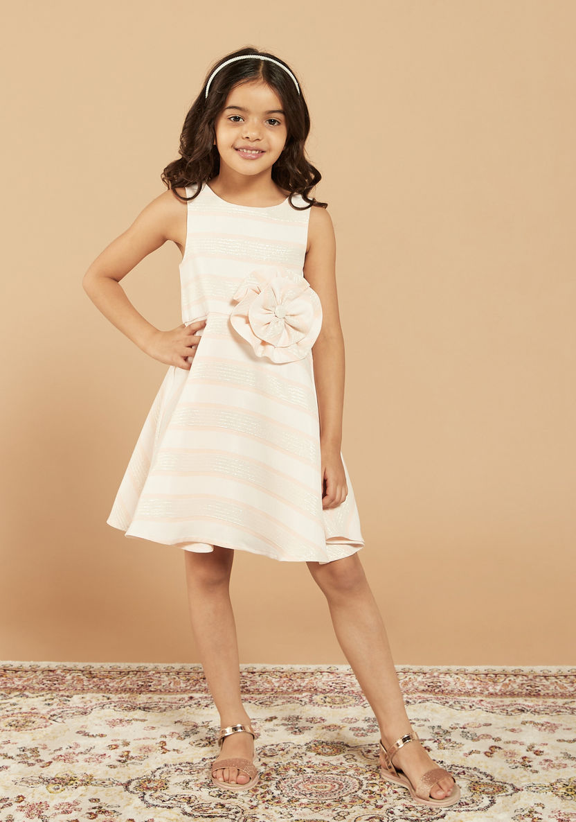 Juniors Striped Sleeveless Dress with Flower Accent-Dresses%2C Gowns and Frocks-image-0