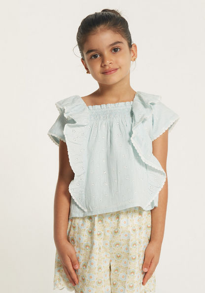 Eligo Textured Square Neck Top with Short Sleeves and Ruffle Detail-Blouses-image-0