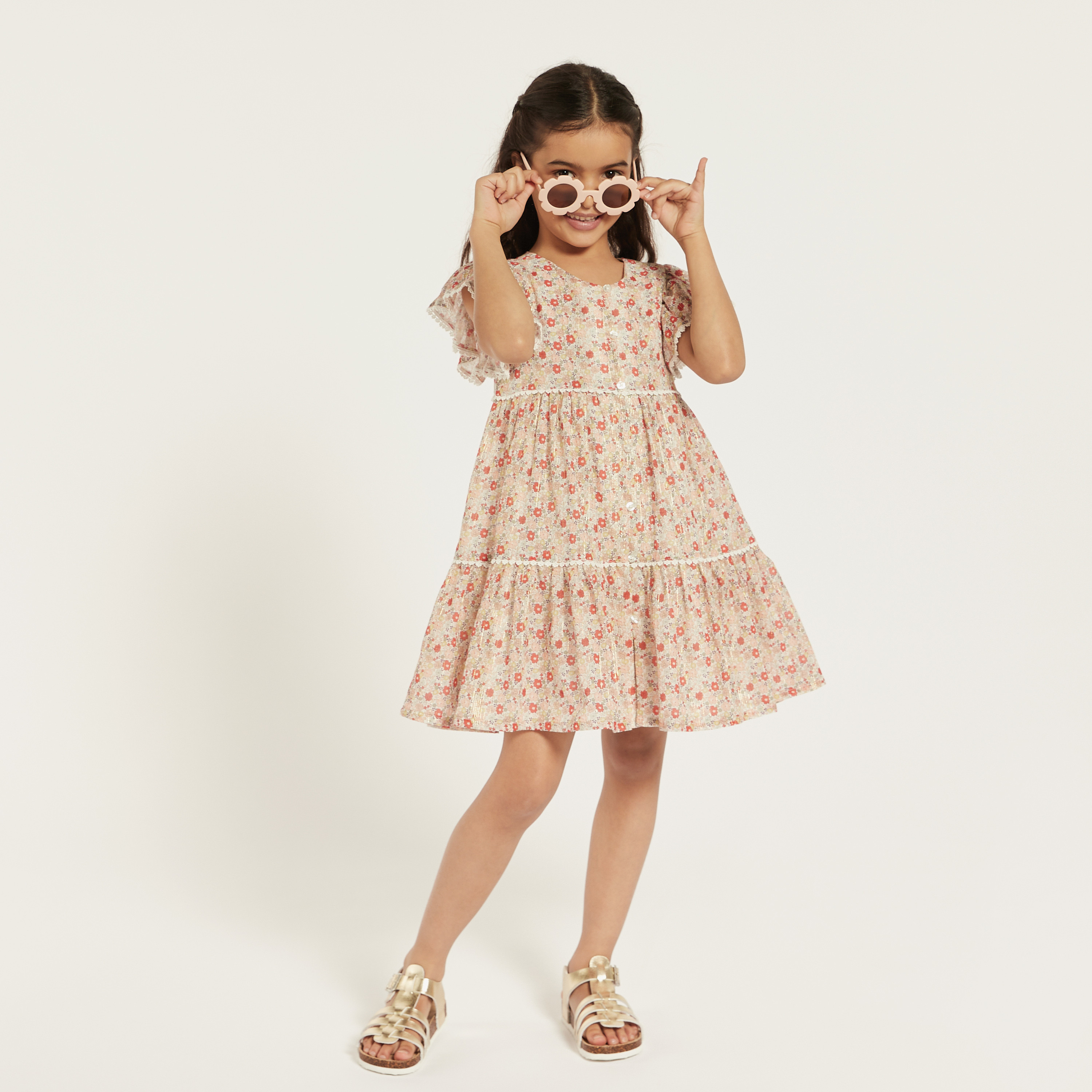 Eligo All-Over Floral Print Tiered Dress with Flutter Sleeves-girls-clothing-dressesandjumpsuits-image-1