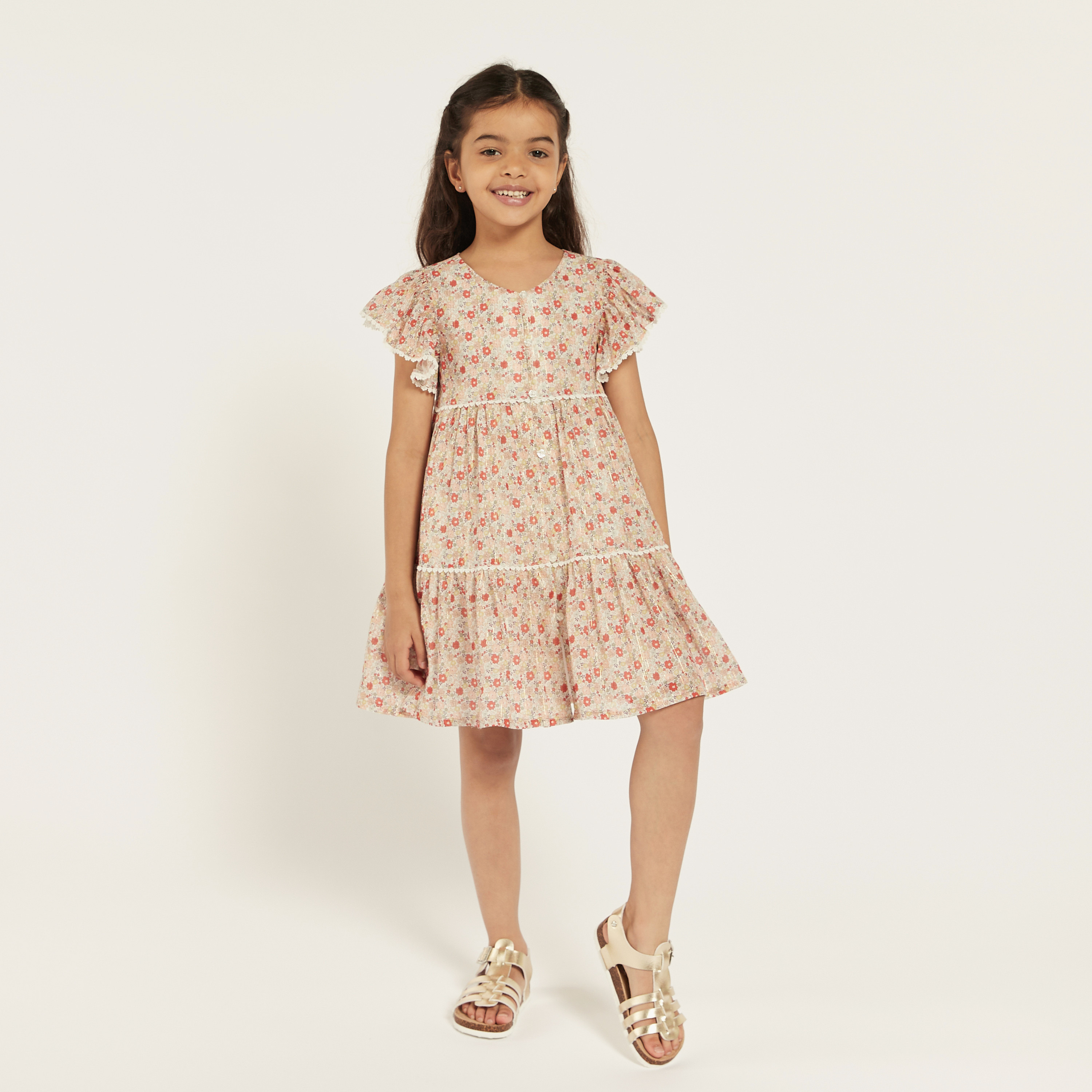 Eligo All-Over Floral Print Tiered Dress with Flutter Sleeves-girls-clothing-dressesandjumpsuits-image-2
