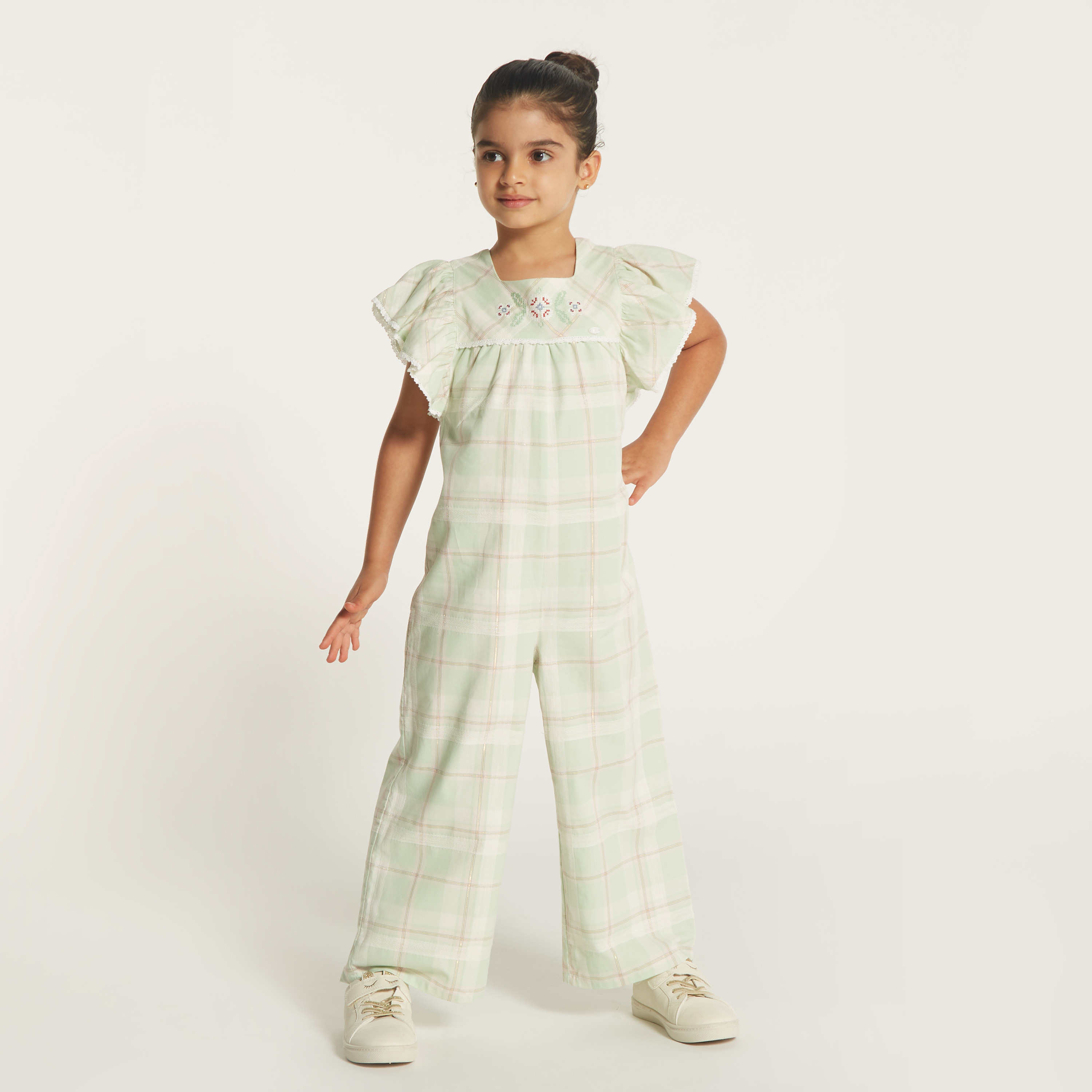 Eligo Checked Jumpsuit with Square Neck and Ruffles-baby-girls-clothing-rompers-image-1