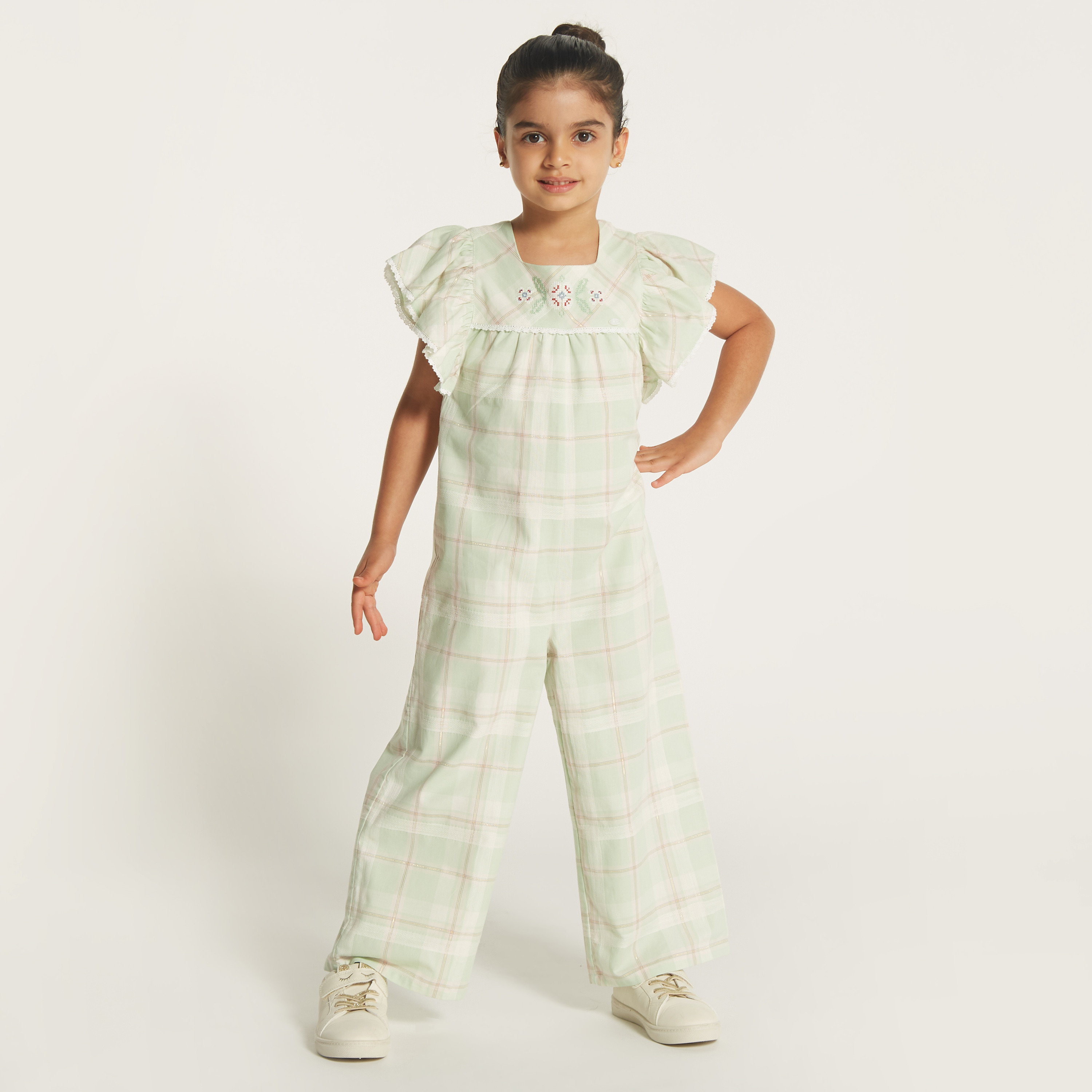 Eligo Checked Jumpsuit with Square Neck and Ruffles-baby-girls-clothing-rompers-image-2
