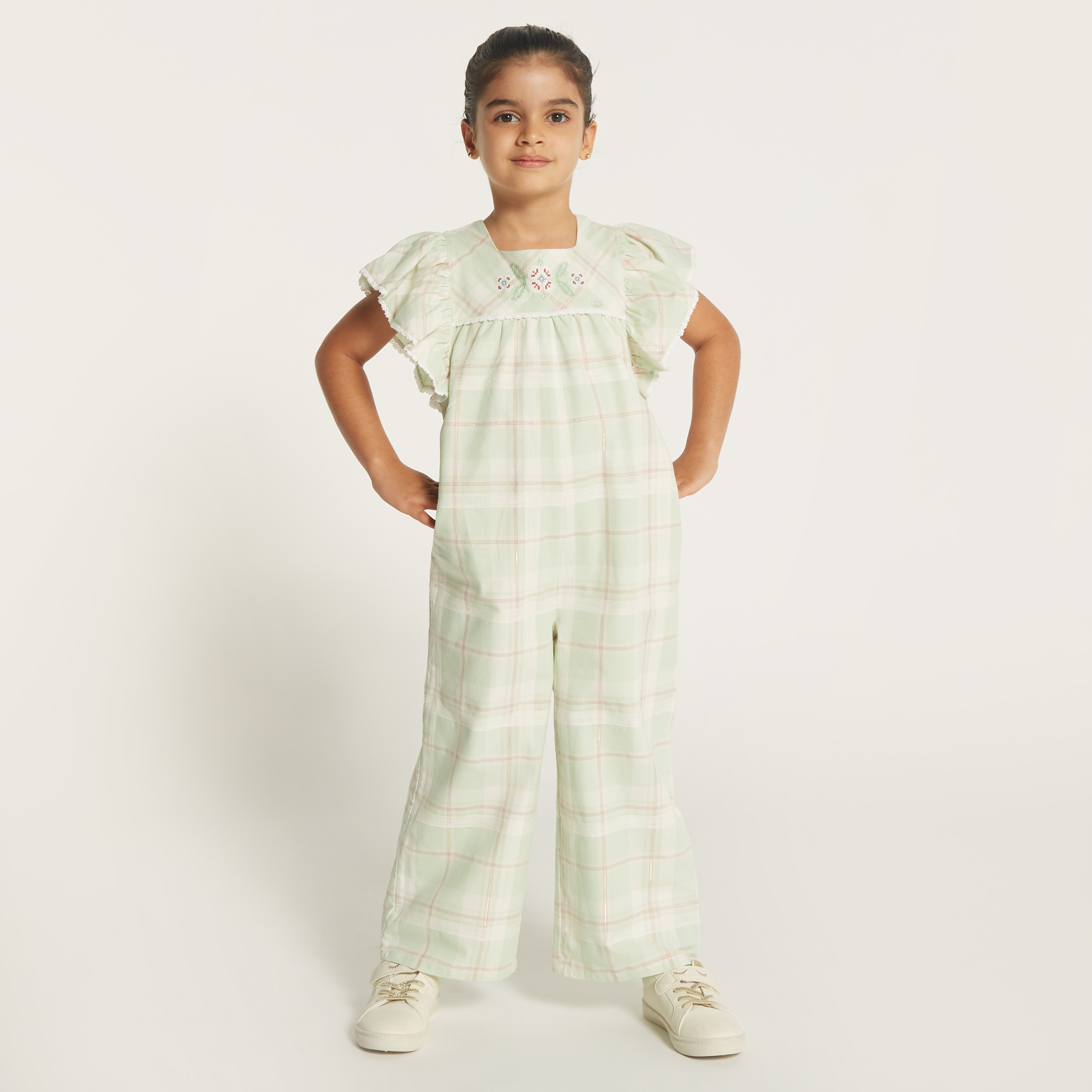 Eligo Checked Jumpsuit with Square Neck and Ruffles-baby-girls-clothing-rompers-image-3