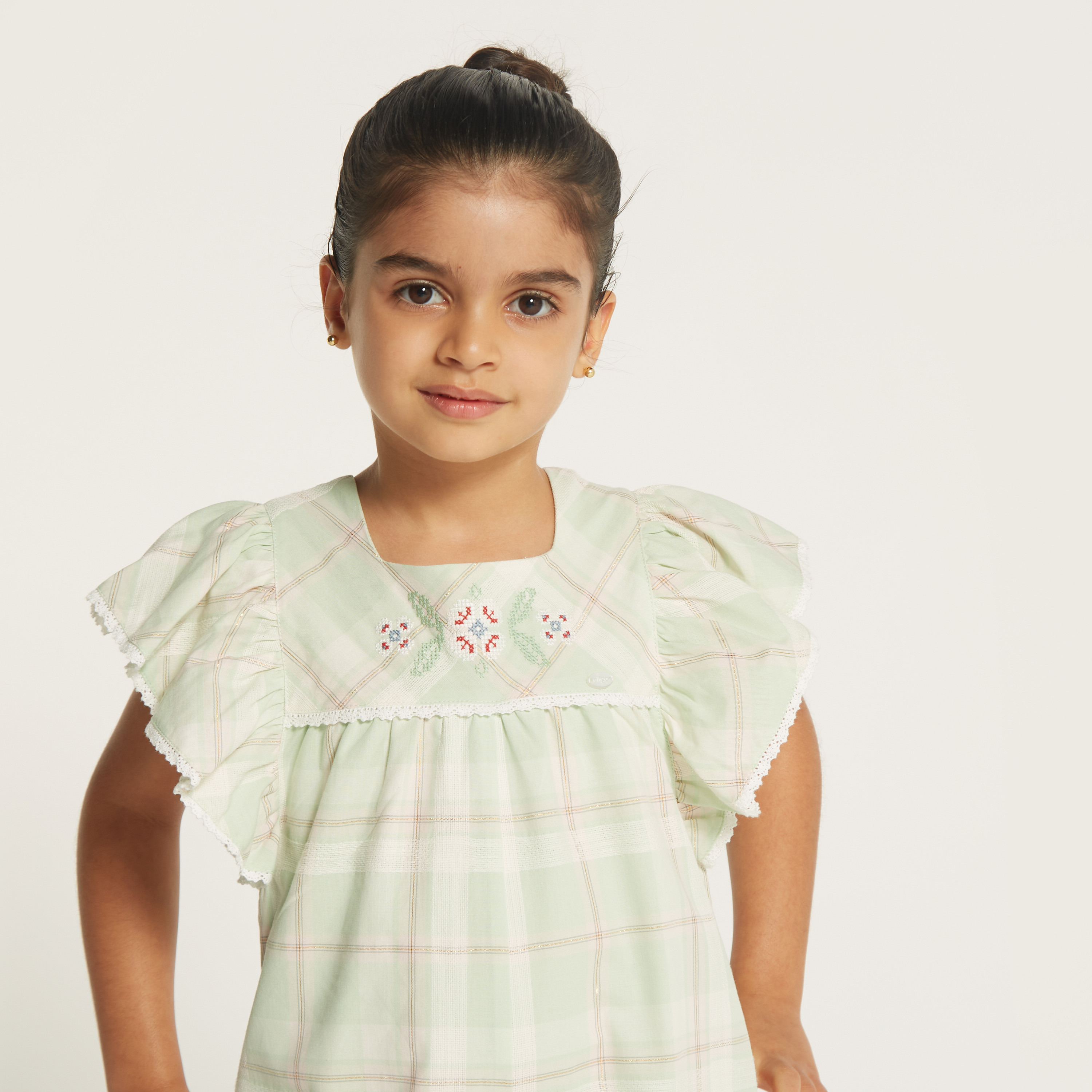 Eligo Checked Jumpsuit with Square Neck and Ruffles-baby-girls-clothing-rompers-image-4