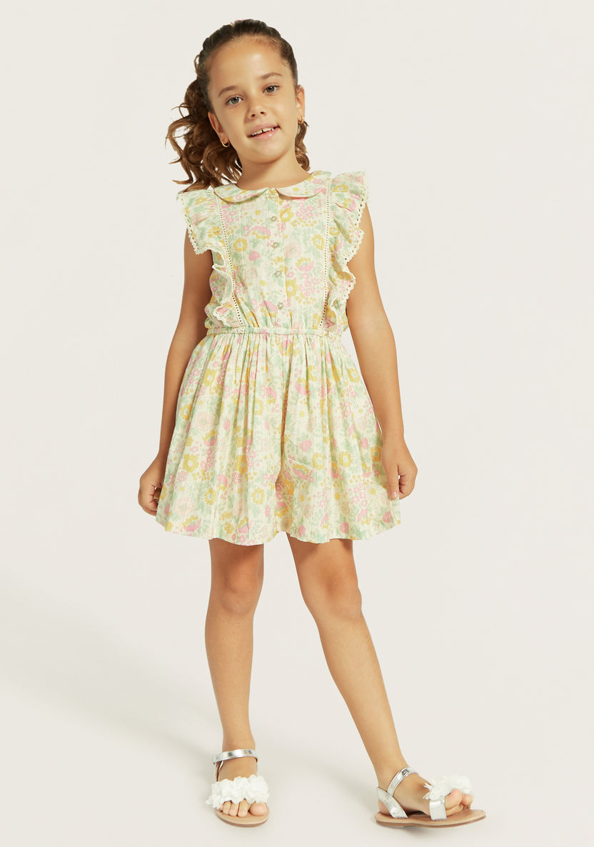 Eligo All-Over Floral Print Sleeveless Romper with Ruffle and Lace Detail-Rompers%2C Dungarees and Jumpsuits-image-1