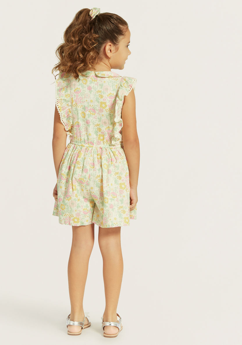 Eligo All-Over Floral Print Sleeveless Romper with Ruffle and Lace Detail-Rompers%2C Dungarees and Jumpsuits-image-3