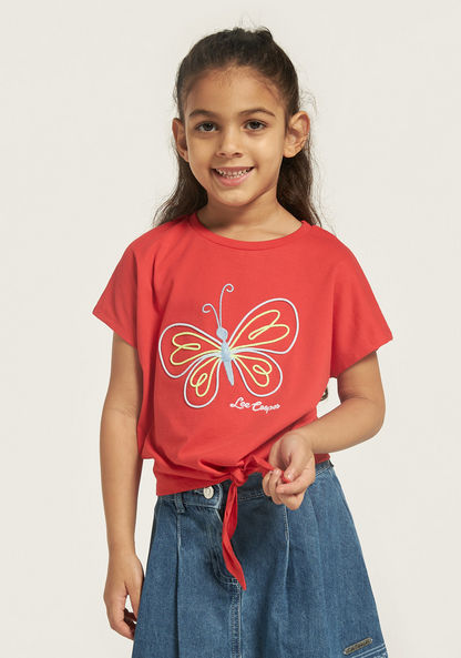 Lee Cooper Butterfly Print T-shirt with Short Sleeves and Tie-Up-T Shirts-image-0