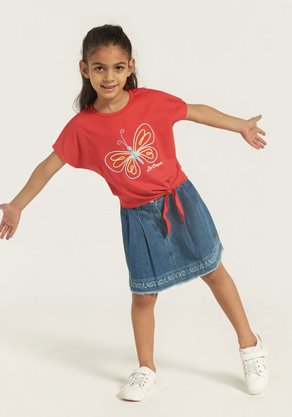 Lee Cooper Butterfly Print T-shirt with Short Sleeves and Tie-Up-T Shirts-image-1