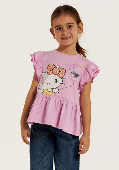 Sanrio Hello Kitty Print A-line Top with Ruffled Sleeves-T Shirts-image-0