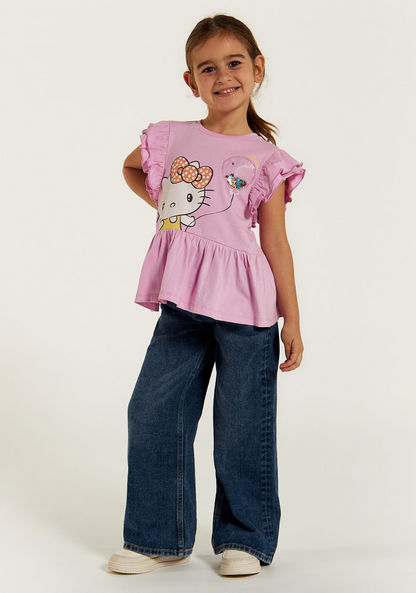 Sanrio Hello Kitty Print A-line Top with Ruffled Sleeves-T Shirts-image-1