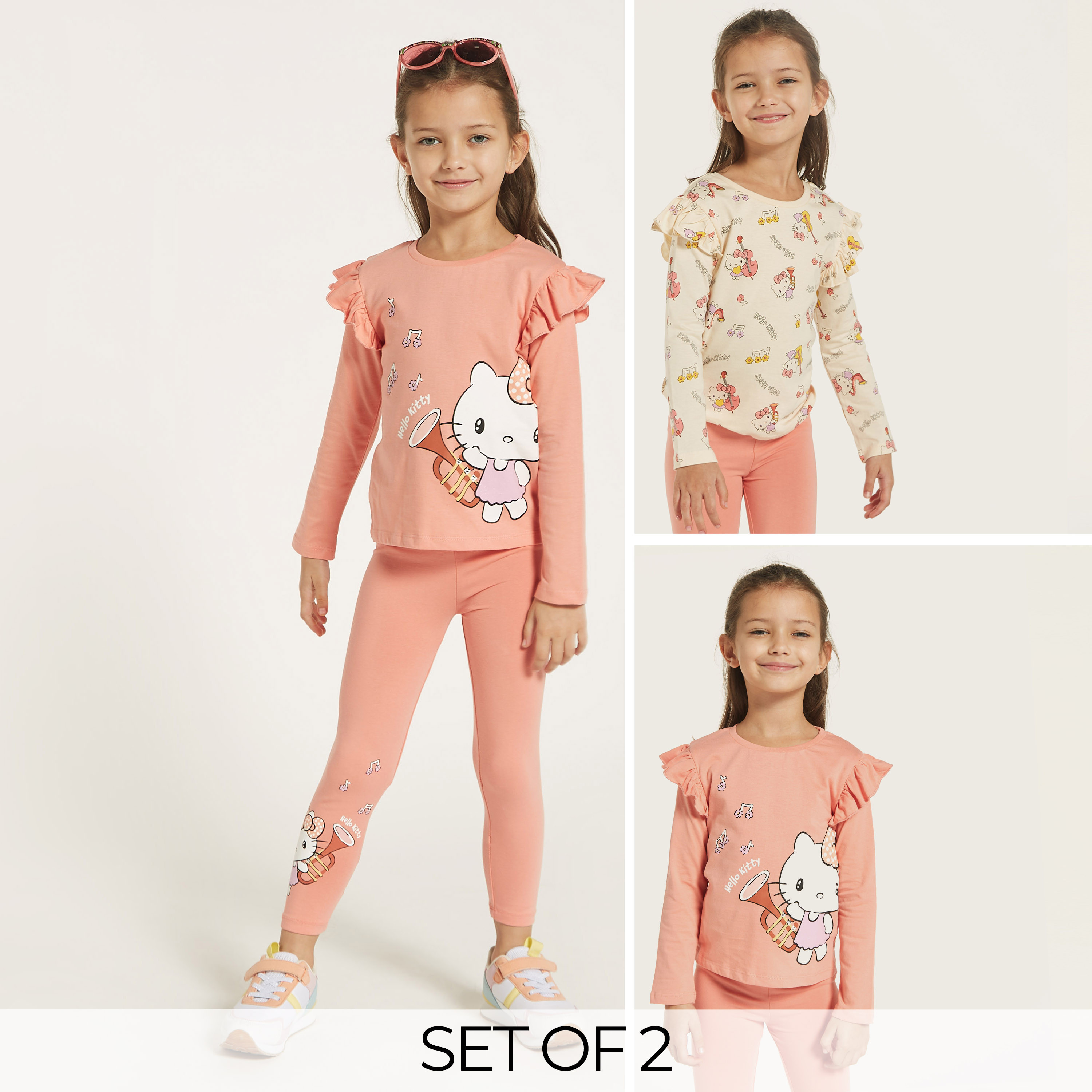 Sanrio Hello Kitty Print T-shirt with Ruffle Detail Long Sleeves - Set of 2-girls-clothing-tshirts-image-1