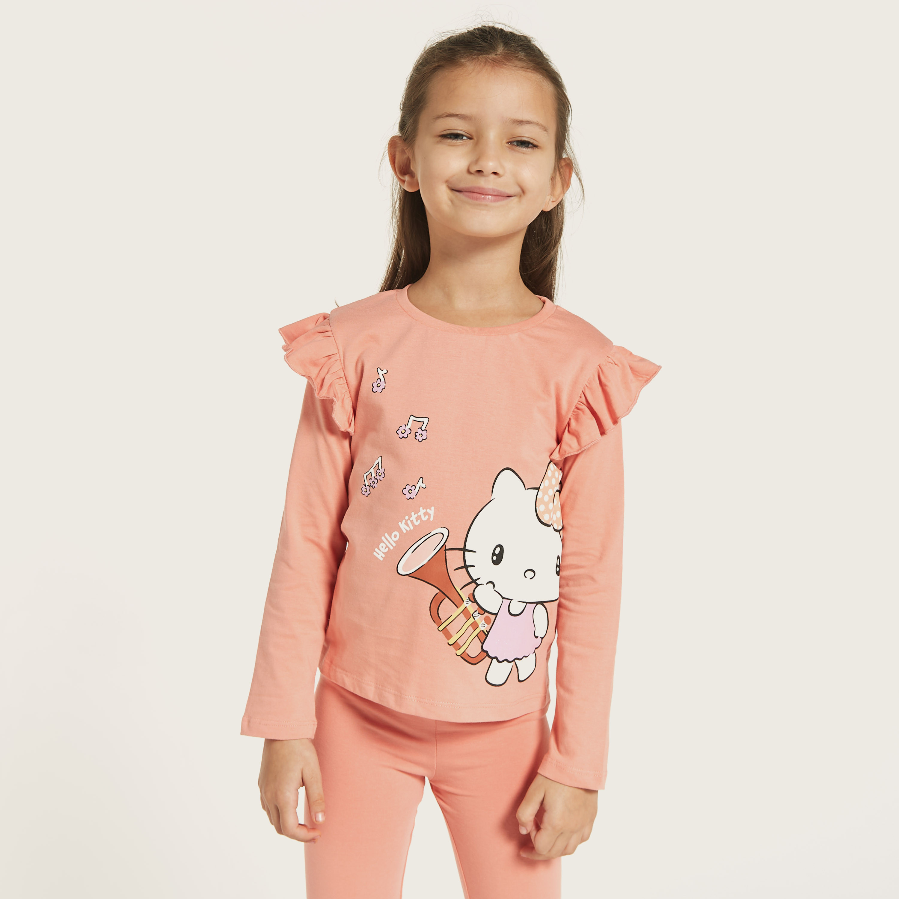Sanrio Hello Kitty Print T-shirt with Ruffle Detail Long Sleeves - Set of 2-girls-clothing-tshirts-image-3
