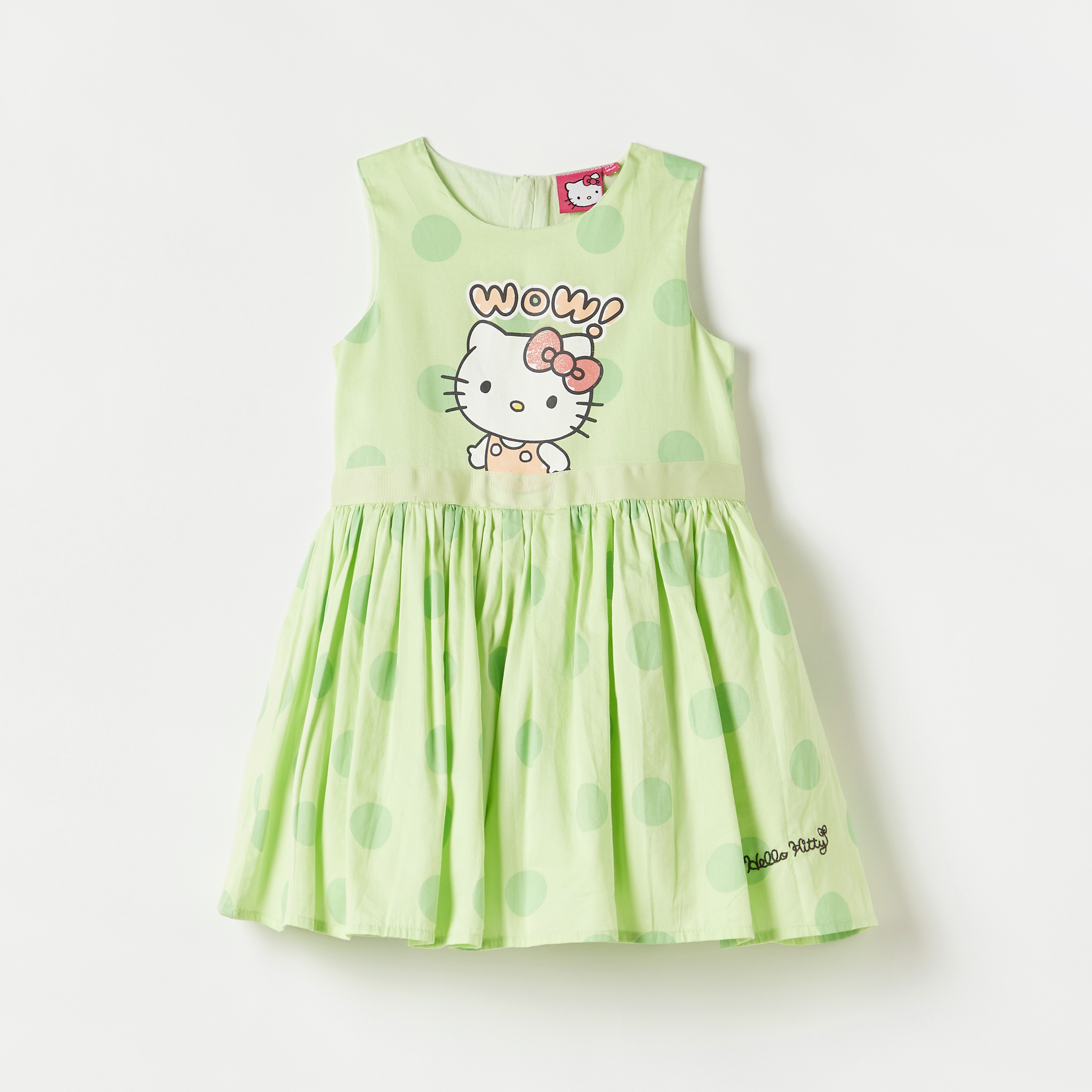 فستان دون أكمام بحزام رباط وطبعات هالو كيتي من سانريو-girls-clothing-dressesandjumpsuits-image-1