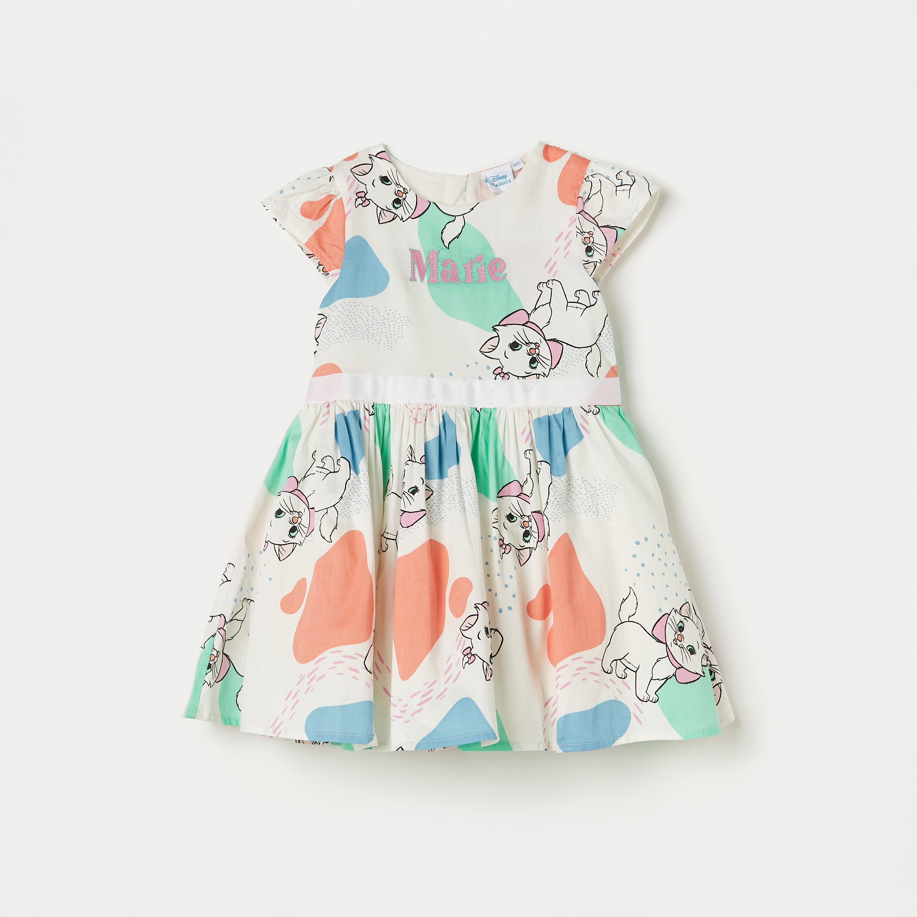 Sanrio Marie Print Dress with Cap Sleeves and Tie-Up Belt-girls-clothing-dressesandjumpsuits-image-1