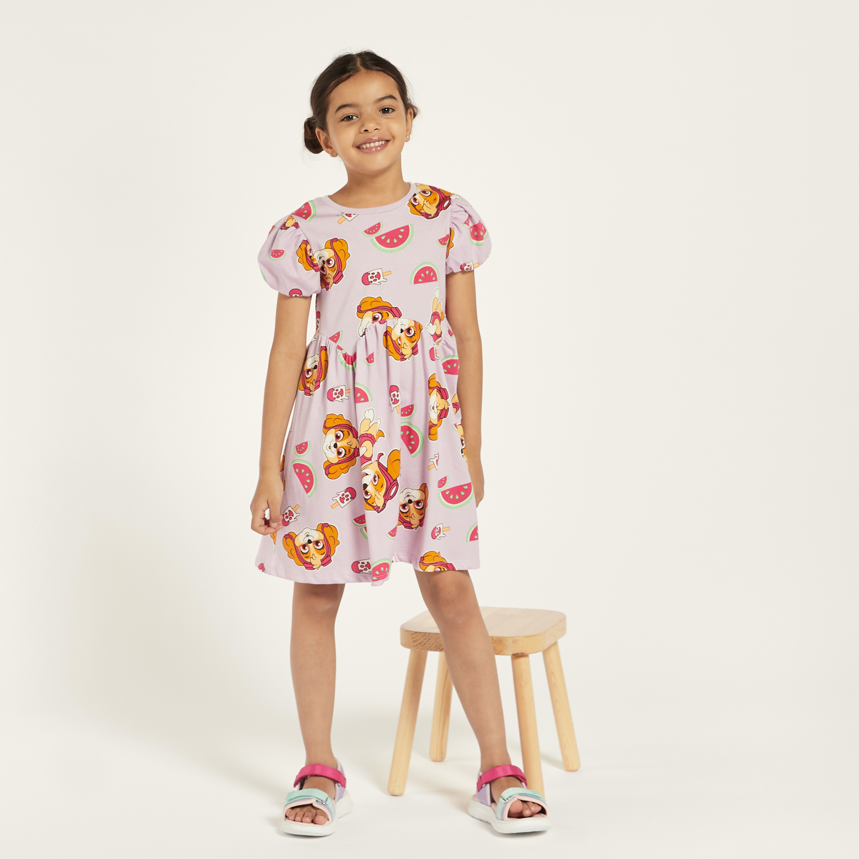 PAW Patrol Print A-line Dress with Puff Sleeves-girls-clothing-dressesandjumpsuits-image-1