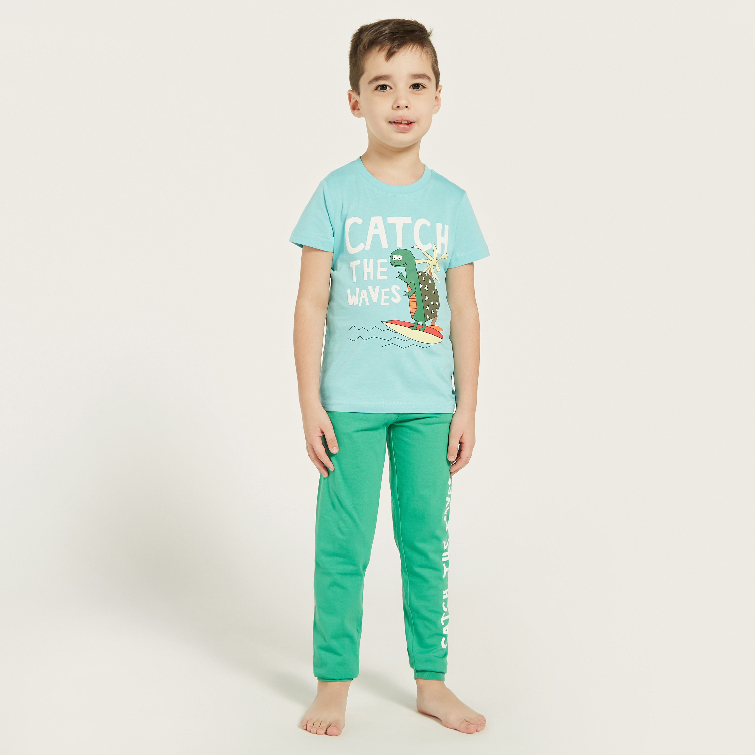 Juniors Surfing Print T-shirt and Pyjama Set-boys-clothing-nightwear-image-1