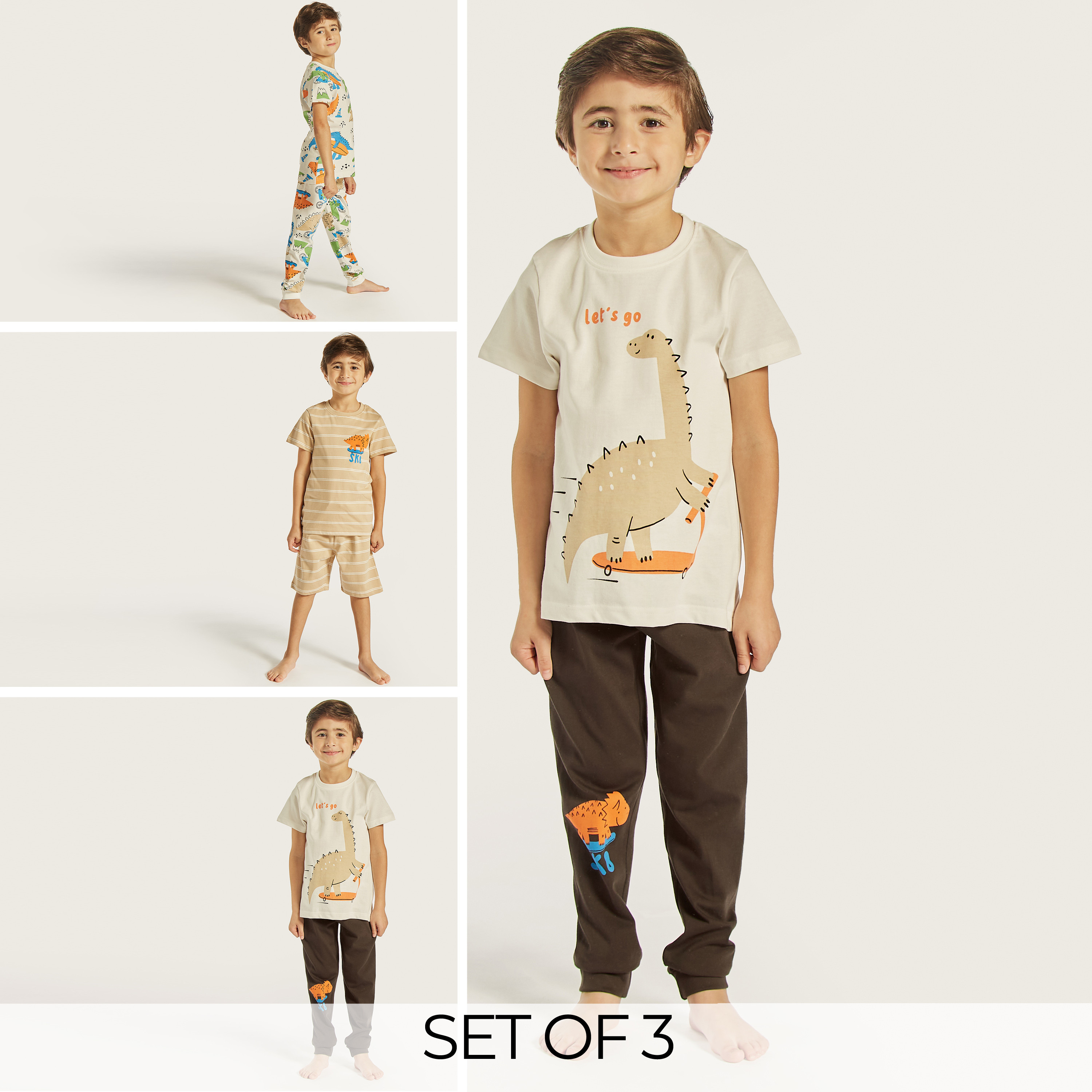 Juniors Dinosaur Print T-shirts and Pyjamas - Set of 3-boys-clothing-nightwear-image-1