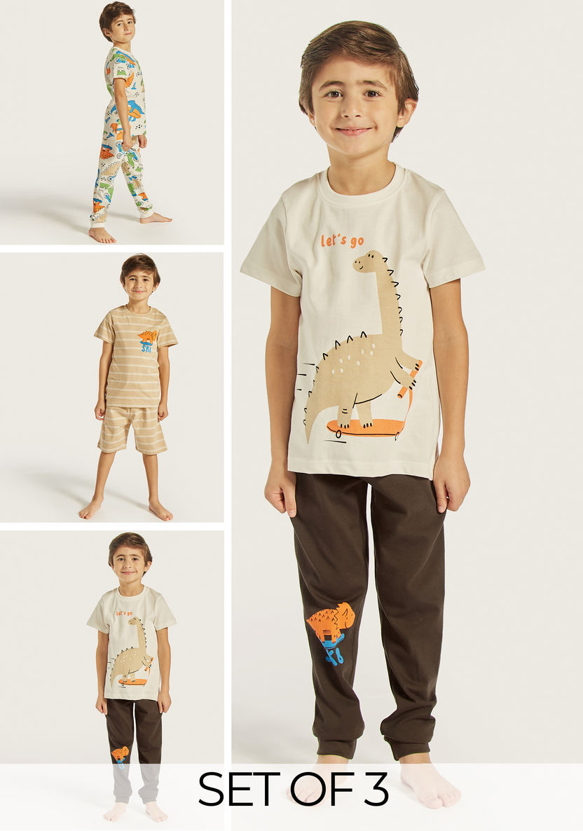 Juniors Dinosaur Print T-shirts and Pyjamas - Set of 3-Nightwear-image-0