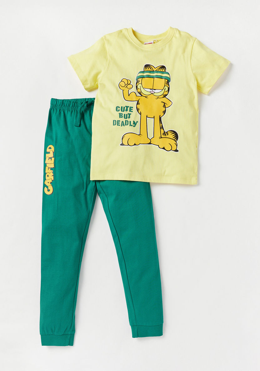 Garfield Print Crew Neck T-shirt and Pyjama Set-Nightwear-image-0