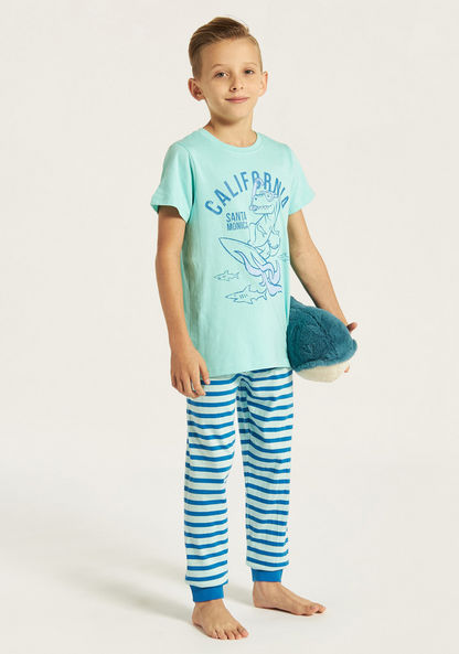 Juniors Dino Print T-shirt and Striped Pyjama Set-Nightwear-image-0