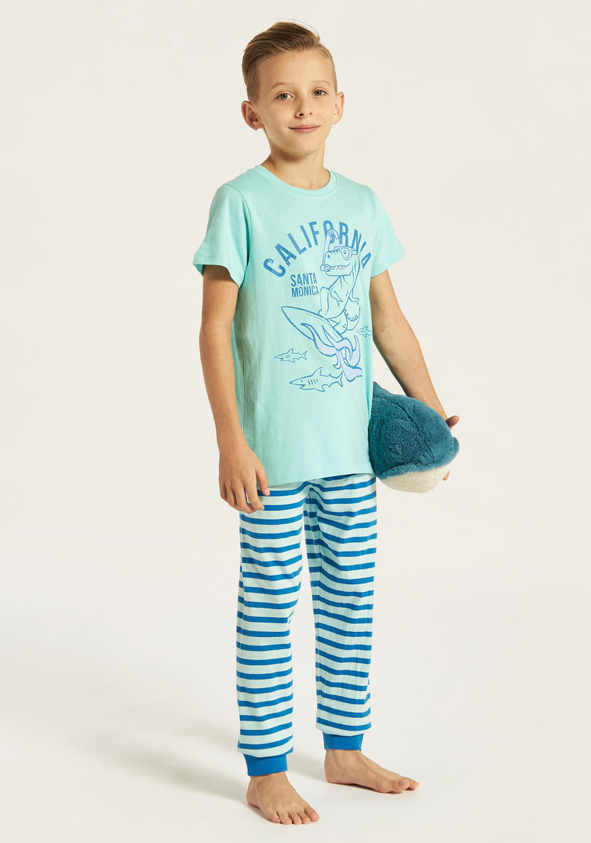 Juniors Dino Print T-shirt and Striped Pyjama Set-Nightwear-image-0