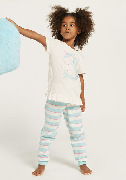 Juniors Unicorn Print T-shirt and Striped Pyjama Set-Pyjama Sets-image-0