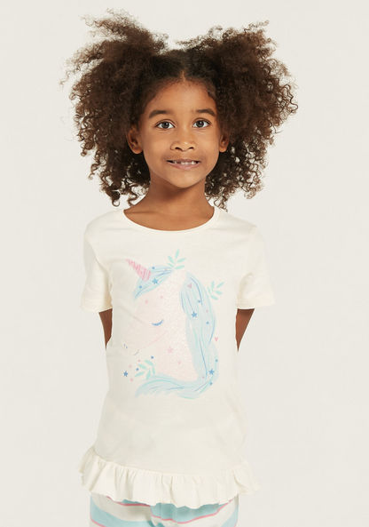 Juniors Unicorn Print T-shirt and Striped Pyjama Set-Pyjama Sets-image-1