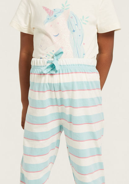 Juniors Unicorn Print T-shirt and Striped Pyjama Set-Pyjama Sets-image-3