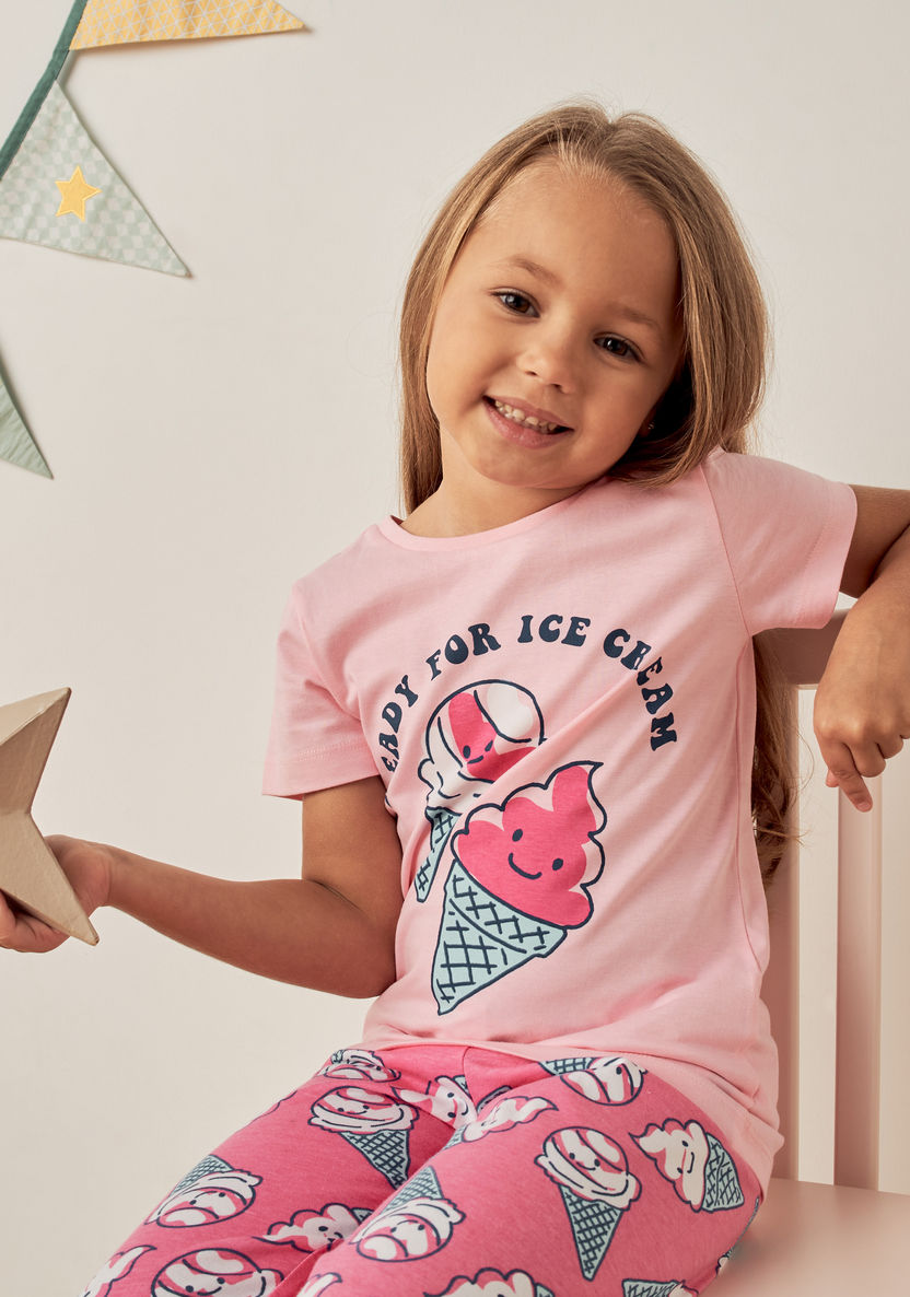 Juniors Ice Cream Print T-shirt and Pyjama Set-Pyjama Sets-image-1