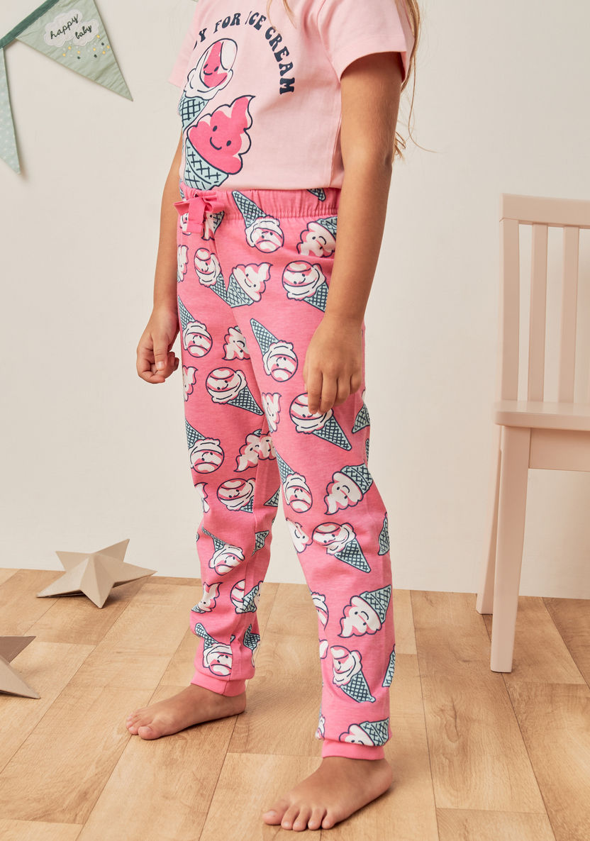 Juniors Ice Cream Print T-shirt and Pyjama Set-Pyjama Sets-image-2