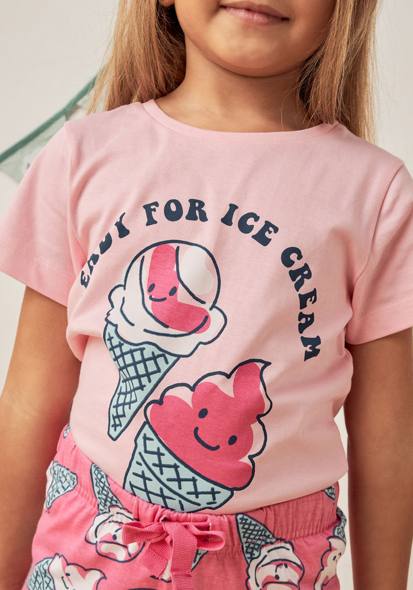 Juniors Ice Cream Print T-shirt and Pyjama Set-Pyjama Sets-image-3
