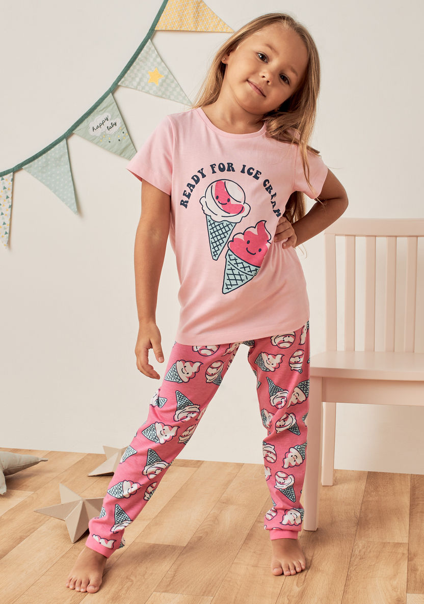 Juniors Ice Cream Print T-shirt and Pyjama Set-Pyjama Sets-image-5