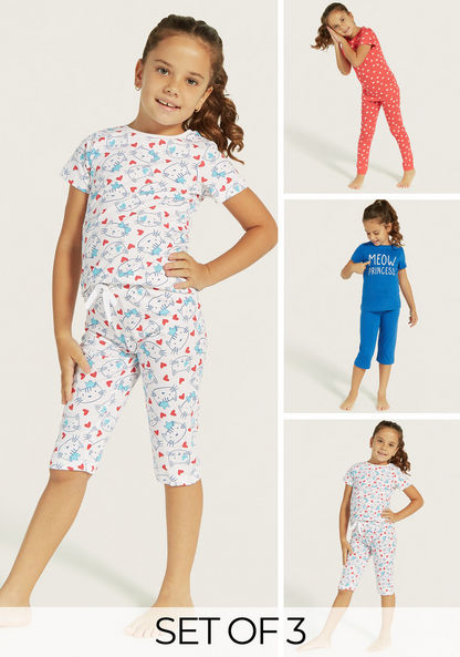 Juniors Printed T-shirt and Pyjama - Set of 3-Pyjama Sets-image-0